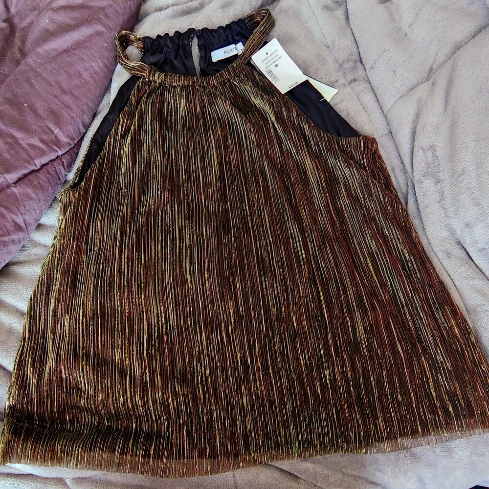 D31 NEW Party halter b'ful gold metallic very stretchy Ricki's 20-22.5" wide 23L
